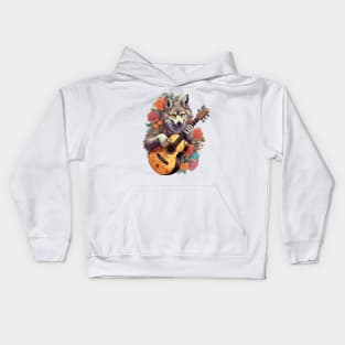 Grey Wolf Playing Guitar Floral Kids Hoodie